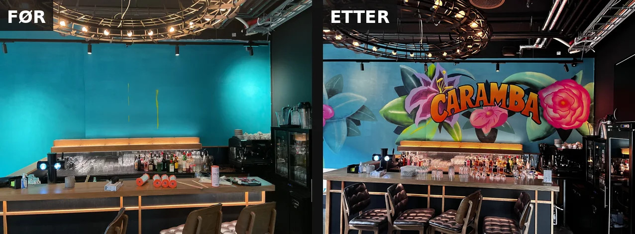 Før og etter: blå, naken barvegg males om til en fargerik blomstermural med CARAMBA-logo av KAAAM.