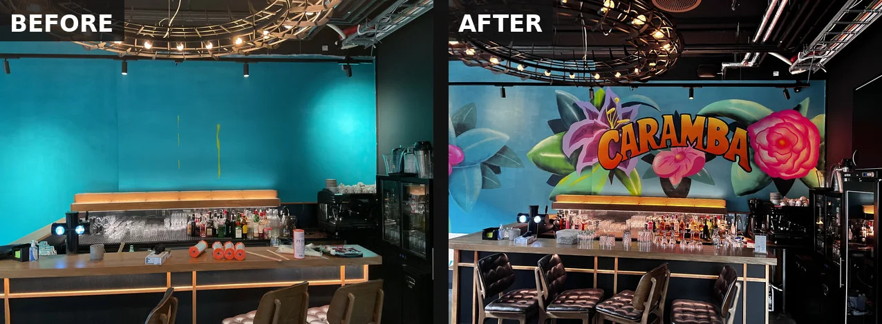Before and after: a plain teal bar wall is painted into a colourful floral mural with a CARAMBA logo by KAAAM.