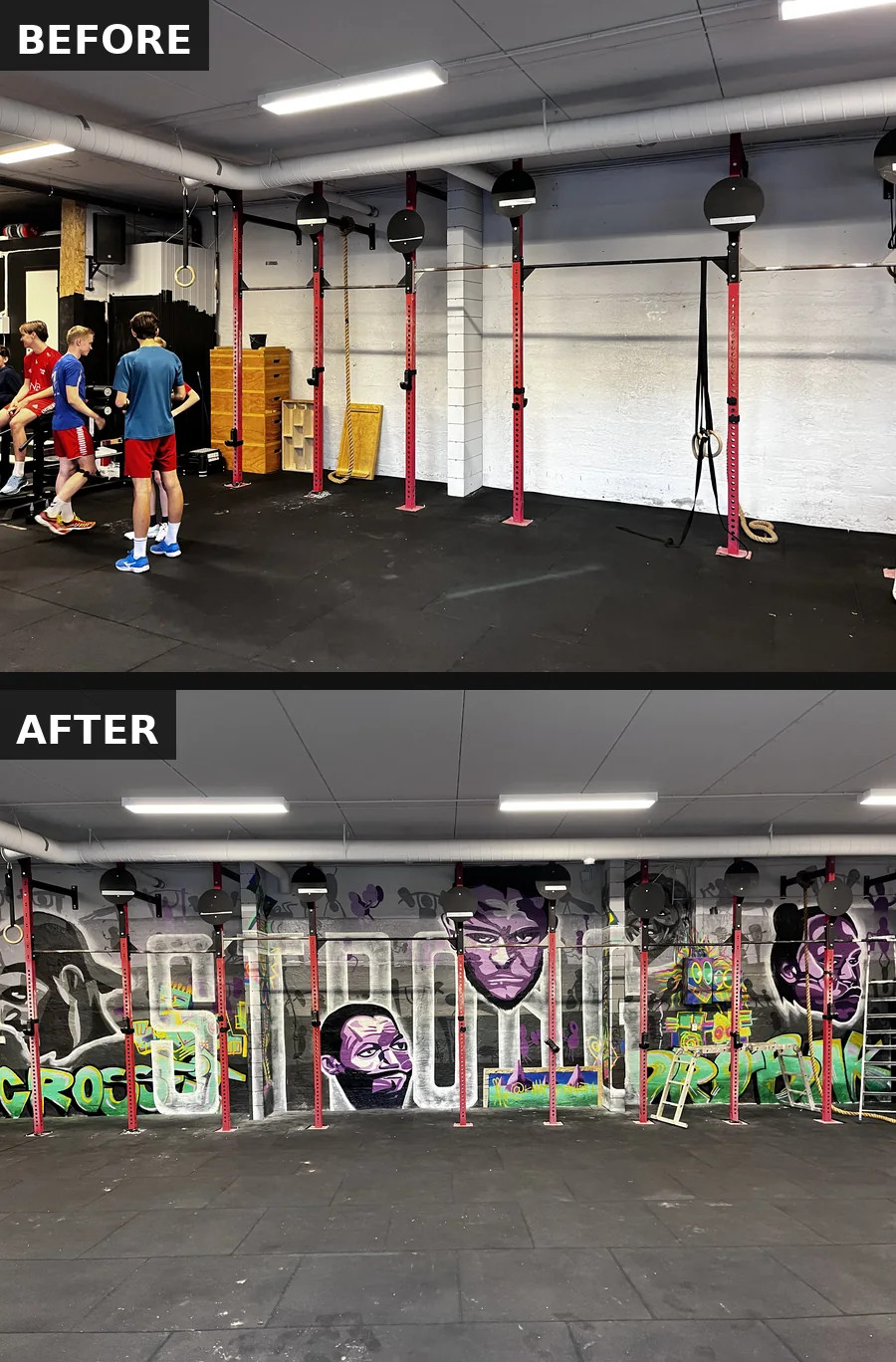 Before and after: a grey gym wall becomes a colourful mural by KAAAM