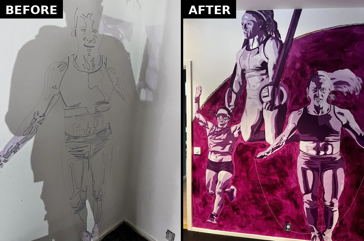 Before and after: pencil sketch becomes a finished wall painting of athletes, painted by KAAAM